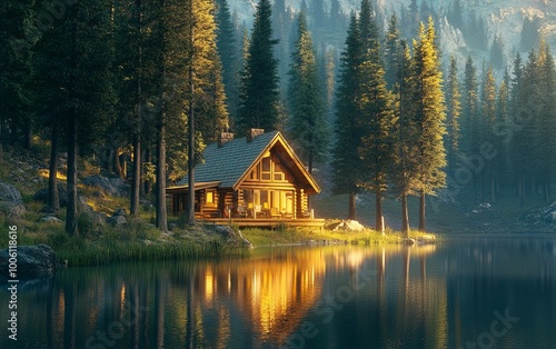 A serene lakeside cabin surrounded by tall trees, reflecting golden light on the water's surface.