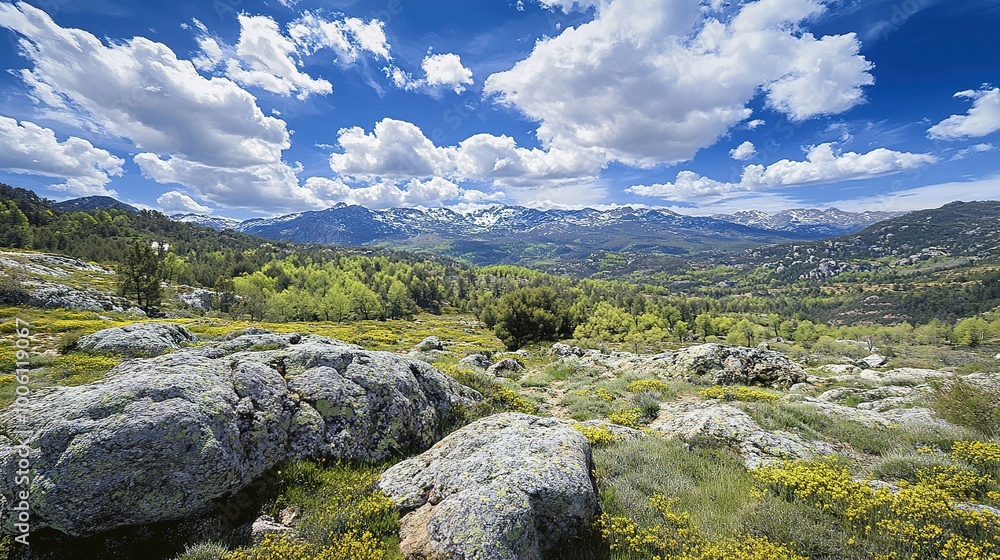 Scenic Mountain Landscape with Clouds and Flowers Scenic Mountain Landscape with Clouds and Flowers