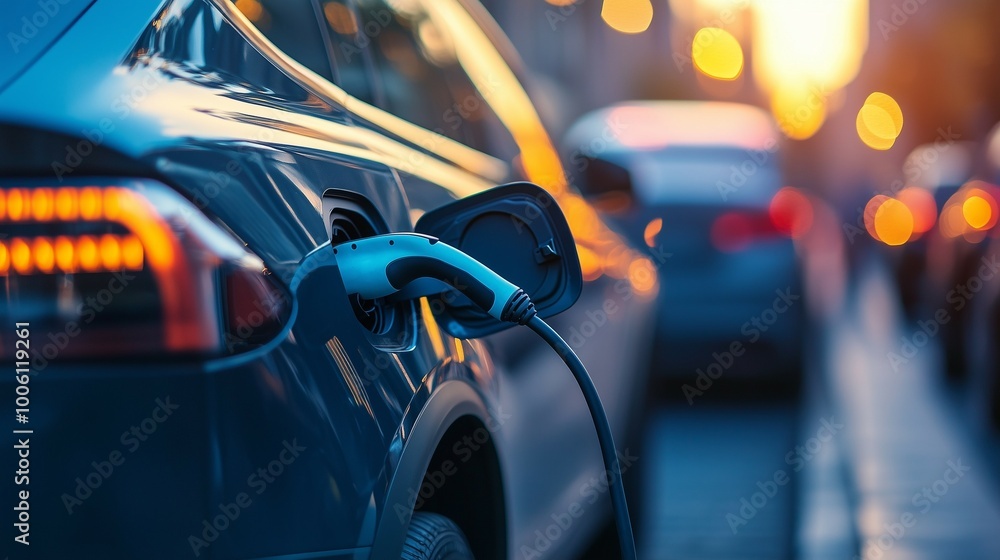 closeup of EV charging station with electric car plugged and charging at a gas station concept of renewable clean eco friendly energy transportation system closeup of EV charging station with electric car plugged and charging at a gas station concept of renewable clean eco friendly energy transportation system