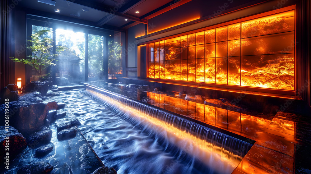 Tranquil Waterfall Flowing Through Modern Spa Interior Tranquil Waterfall Flowing Through Modern Spa Interior