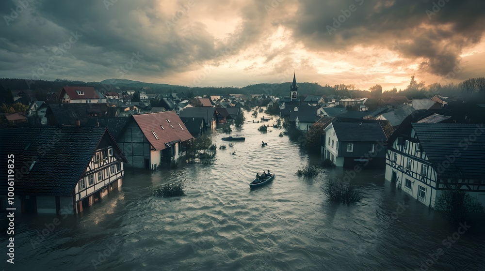 Fototapeta premium Dramatic aerial view of a quaint rural village partially submerged under a severe flood