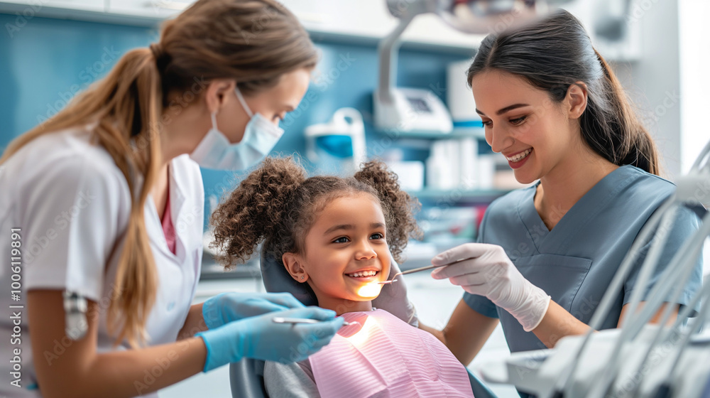 The dentist is examining the child's teeth. The dentist is examining the child's teeth.