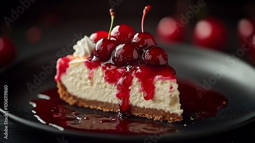 A slice of cheesecake with whipped cream and cherry sauce on a dark background, soft lighting highlighting creamy texture, rich colors of cherry sauce in contrast with fluffy whipped cream,