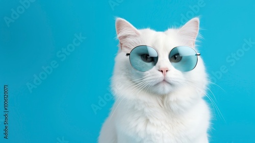 Cute white cat wearing sunglasses on blue background. Copy space.