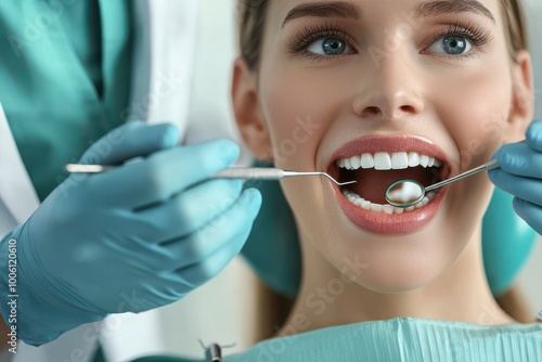 Dentist performing a dental check-up with tools and a mirror, high-resolution close-up shot