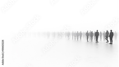 silhouettes of people walking in the fog