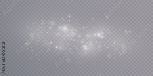 Light abstract glowing bokeh highlights. Light bokeh effect isolated on transparent background. The Christmas background shines from the dust. Christmas concept for design and illustrations.	