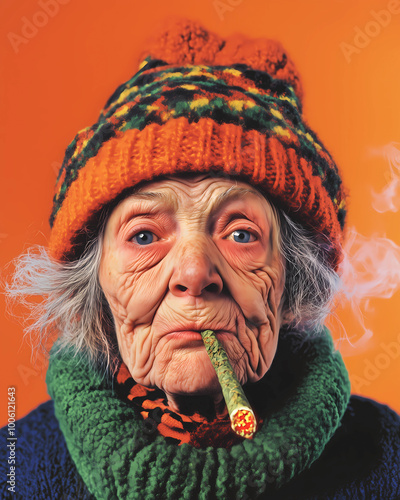 psychedelic crazy happy elder woman with cigar or cigarette, smoking a marihuana joint, weed, ganja, funny expression, trippy face, vintage poster