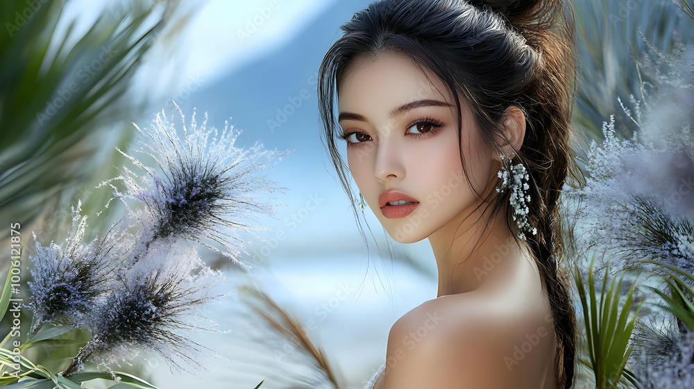 Stunning Woman with Flower Earrings Posing in Nature Stunning Woman with Flower Earrings Posing in Nature