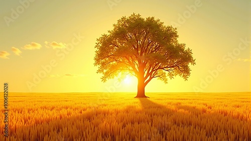 a field of wheat with a tree in the middle of it