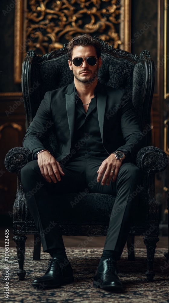 A man in a black suit and sunglasses sits in a black chair A man in a black suit and sunglasses sits in a black chair