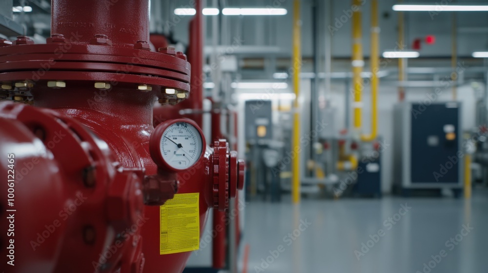 Close-up of a red industrial pump in a modern facility, showcasing machinery and safety equipment in a clean environment. Close-up of a red industrial pump in a modern facility, showcasing machinery and safety equipment in a clean environment.