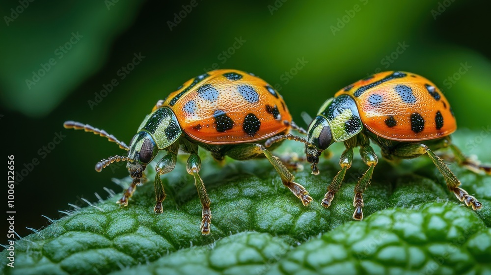Fototapeta premium Two Ladybugs on a Leaf
