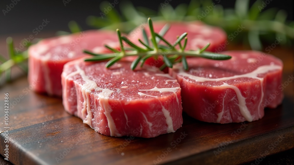 closeup pieces of meat laid out on a chopping board along with a green sprig of rosemary closeup pieces of meat laid out on a chopping board along with a green sprig of rosemary