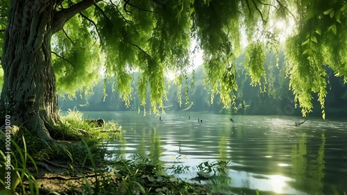 A large tree with green leaves hangs over a calm lake in the forest on a sunny day