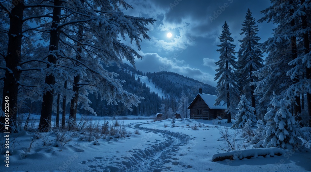 Serene winter landscape with a cabin and snowy path illuminated by a full moon at night
Serene winter landscape with a cabin and snowy path illuminated by a full moon at night