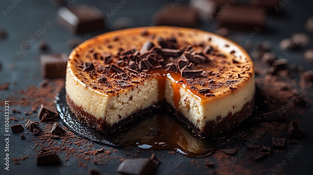 Cheesecake drizzled with caramel sauce, surrounded by scattered chocolate shavings on a textured dark surface, caramel reflecting soft golden light, sharp focus on the cheesecake, Cheesecake drizzled with caramel sauce, surrounded by scattered chocolate shavings on a textured dark surface, caramel reflecting soft golden light, sharp focus on the cheesecake,
