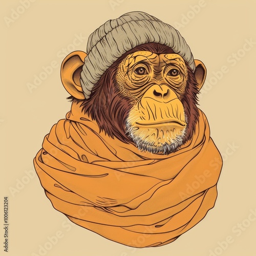 drawing of  animal on a light background front view. stickers with different cute animals in knitted hat. autumn and winter drawings with animals. funny orangutan  isolated on background photo