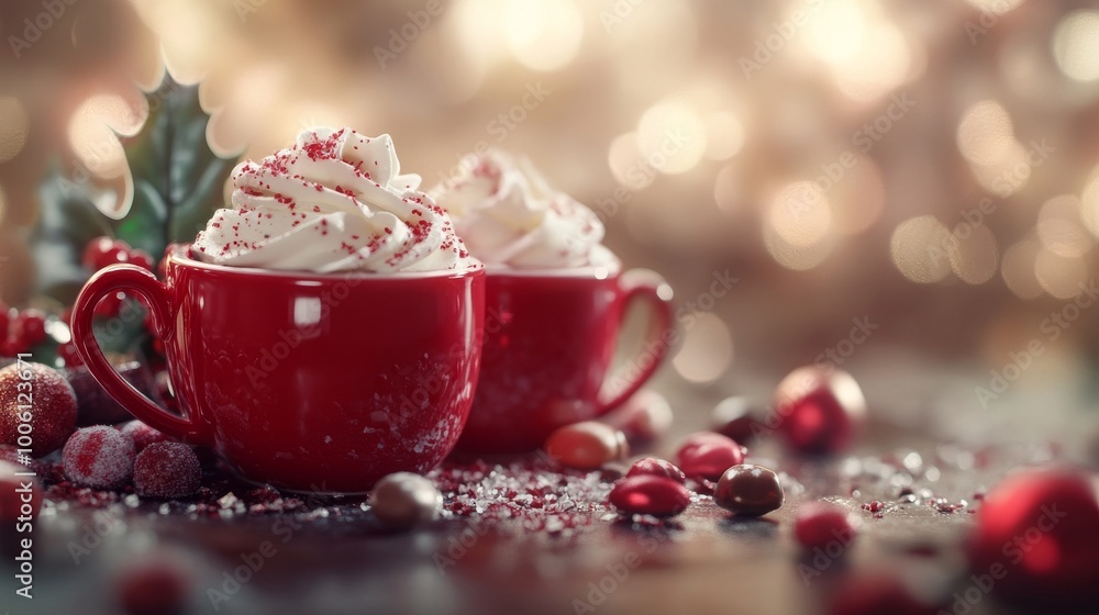 mug of hot cocoa with marshmallows and blurred christmas lights background mug of hot cocoa with marshmallows and blurred christmas lights background