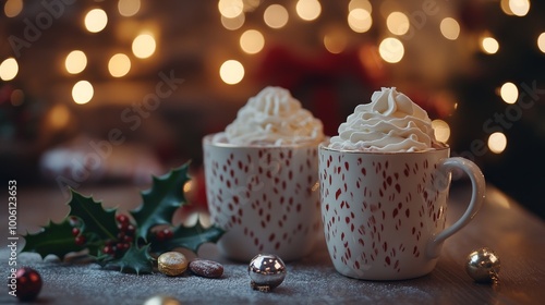 mug of hot cocoa with marshmallows and blurred christmas lights background