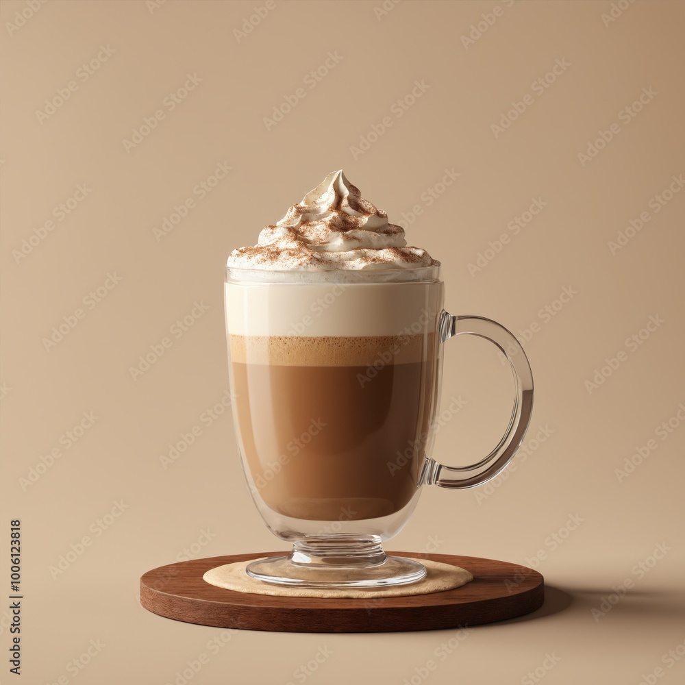 Coffee with whipped cream in a glass mug on a wooden coaster Coffee with whipped cream in a glass mug on a wooden coaster