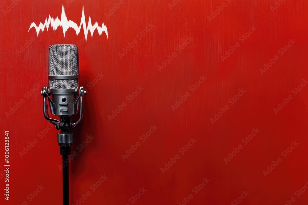 Fototapeta premium Microphone on red wall with sound waves