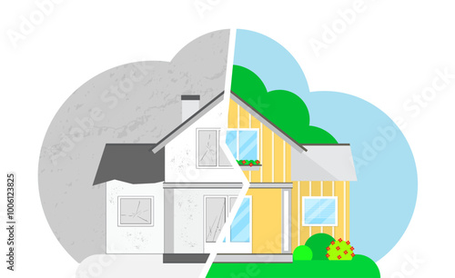 Professional House Remodeling concept.  Silhouette of an old unrepaired house before repair and new house after remodeling for your design.  EPS10 