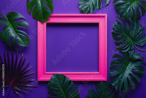 Pink frame surrounded by tropical leaves on a purple background
