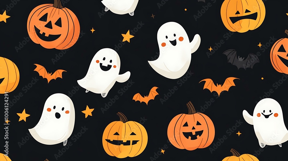 Cute and spooky Halloween pattern with smiling pumpkins, ghosts, and bats on a black background Cute and spooky Halloween pattern with smiling pumpkins, ghosts, and bats on a black background