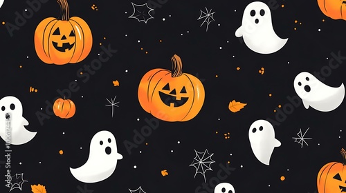 Cute spooky Halloween pattern with pumpkins, tiny ghosts, and spiderwebs on a black background