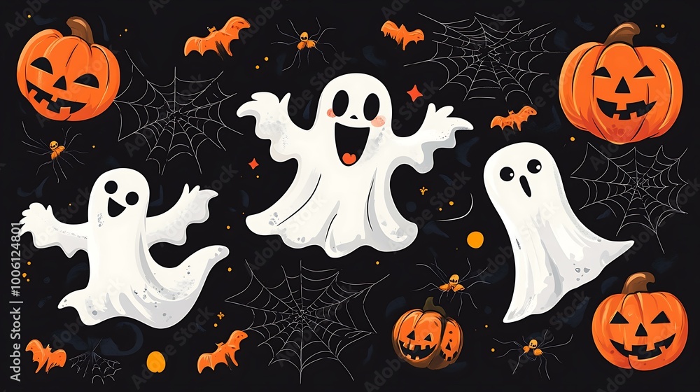 Halloween design with friendly ghosts, pumpkins, and spiders on a black background Halloween design with friendly ghosts, pumpkins, and spiders on a black background