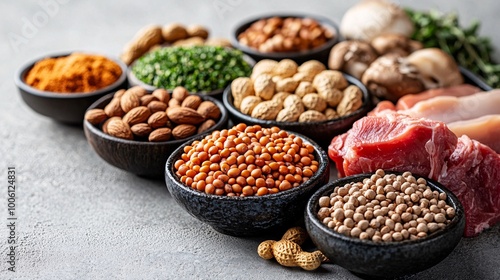 Nutritious foods high in vitamin B3 niacin with molecular structure, featuring seeds, nuts, meat, legumes, mushrooms, and peanuts.