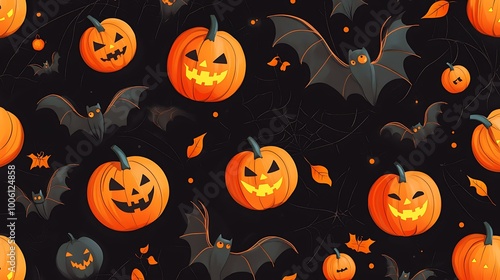 Halloween-themed pattern with adorable bats, pumpkins, and spiderwebs against a dark black backdrop