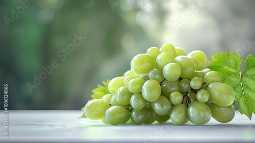 A cluster of fresh green grapes with leaves sitting on a white surface illuminated by natural light photo