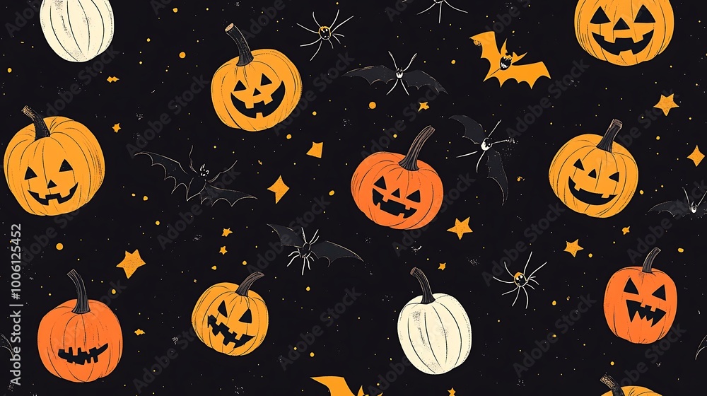 Spooky yet cute Halloween pattern with jack-o-lanterns, spiders, and bats on a black background Spooky yet cute Halloween pattern with jack-o-lanterns, spiders, and bats on a black background