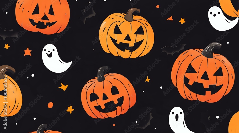 Sweet and spooky Halloween pattern with smiling jack-o-lanterns and tiny ghosts on a black background Sweet and spooky Halloween pattern with smiling jack-o-lanterns and tiny ghosts on a black background