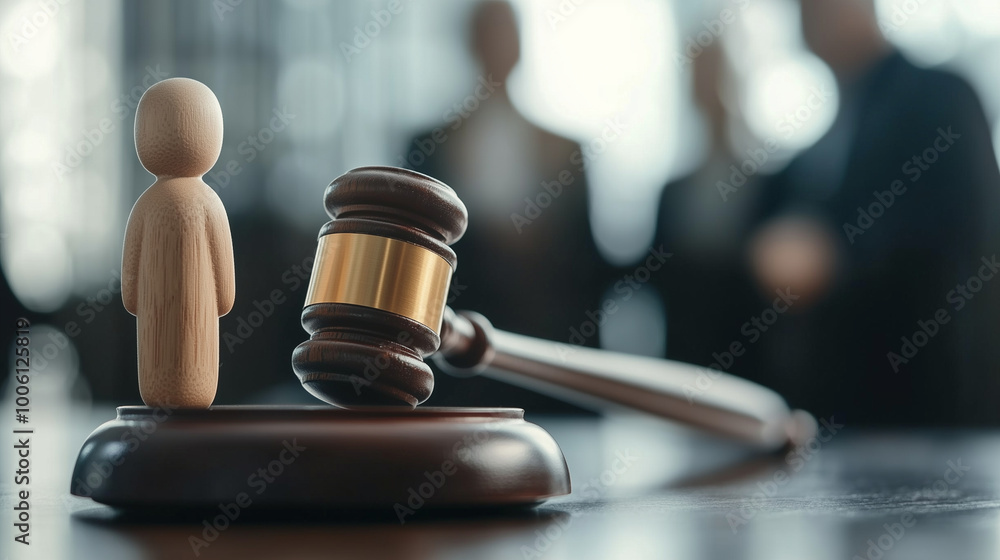 A wooden family figure and a judge's gavel set against the backdrop of a courthouse, with a lawyer standing blurred in the background, representing divorce, child custody, and alim A wooden family figure and a judge's gavel set against the backdrop of a courthouse, with a lawyer standing blurred in the background, representing divorce, child custody, and alim