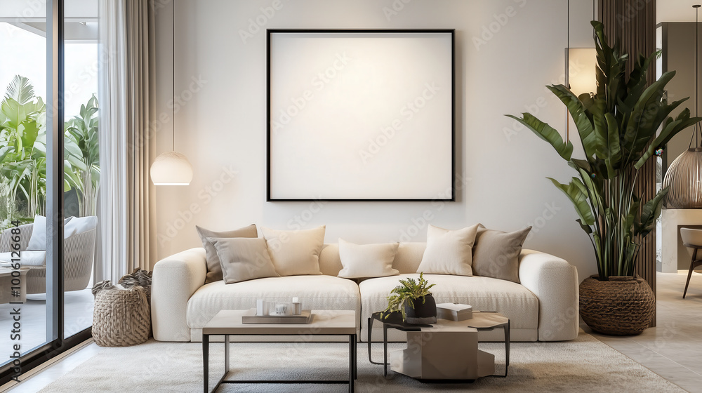 bright living room with cozy sofa and decorative plants, creating serene atmosphere bright living room with cozy sofa and decorative plants, creating serene atmosphere