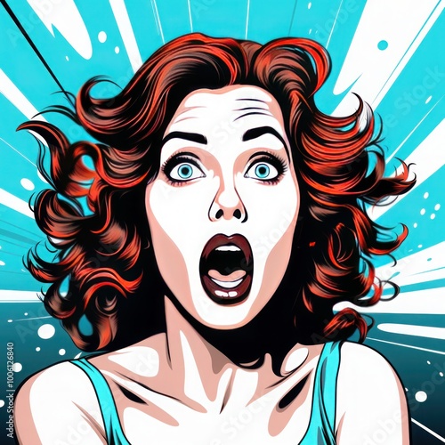 Pop art-style illustration of a woman screaming with wide eyes and mouth open in shock, with dramatic movement lines.