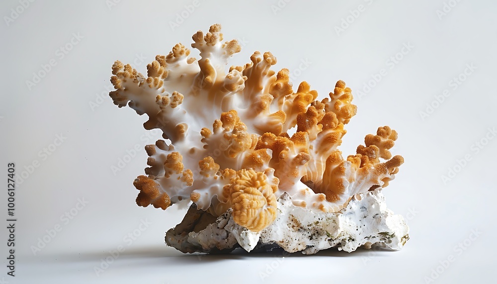 A single piece of coral with unique shapes and textures isolated on a white background highlighted by soft light A single piece of coral with unique shapes and textures isolated on a white background highlighted by soft light