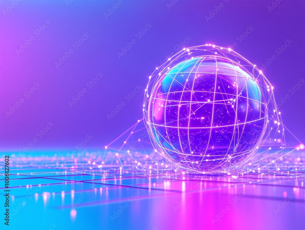 Fototapeta premium Futuristic glowing globe with light connections on a vibrant purple background.