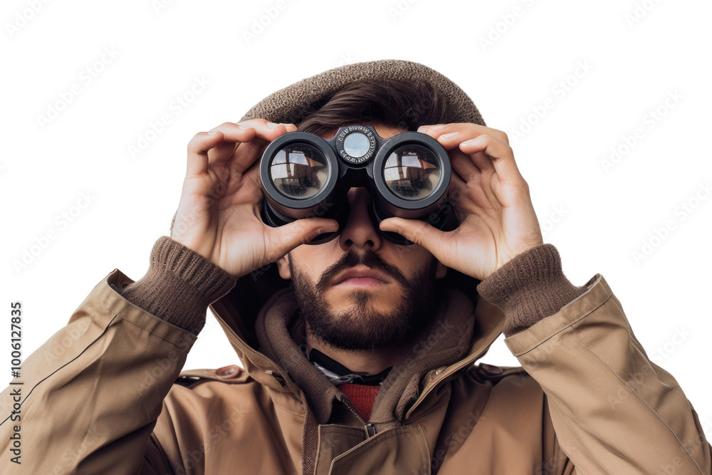 Close-up of a person holding binoculars up to their eyes, focusing intently, with a white background Close-up of a person holding binoculars up to their eyes, focusing intently, with a white background