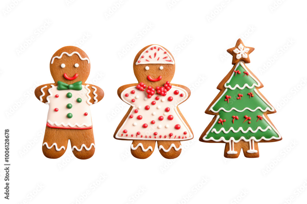 Christmas-themed gingerbread cookies shaped as reindeer, Santa Claus isolated on a white background Christmas-themed gingerbread cookies shaped as reindeer, Santa Claus isolated on a white background
