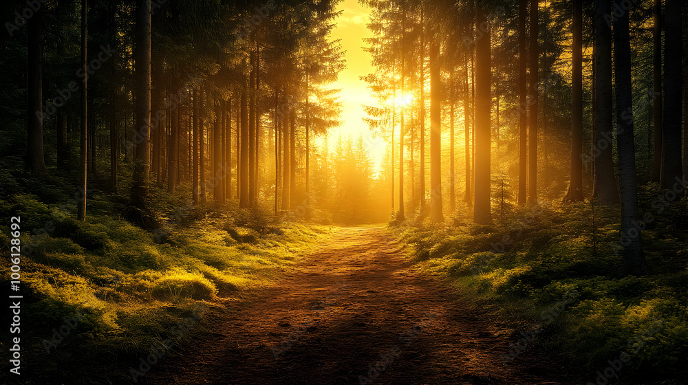 Obraz premium Golden Hour Path Through Forest Trees