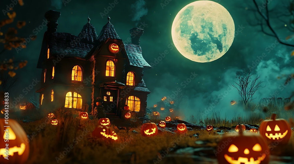 A folk art Halloween night scene with glowing jack-o'-lanterns, a haunted house, and a full moon illuminating the eerie landscape A folk art Halloween night scene with glowing jack-o'-lanterns, a haunted house, and a full moon illuminating the eerie landscape