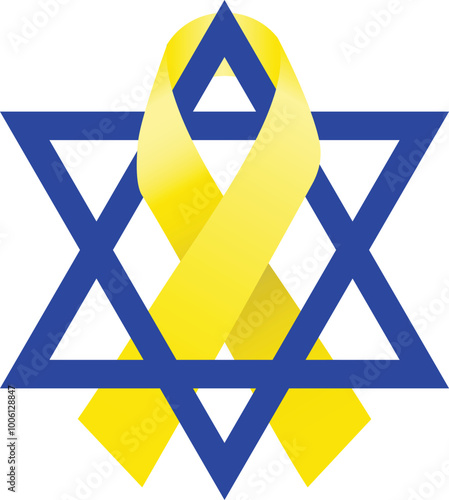 Yellow Ribbon intertwined with Star of David. An awareness symbol for the fight to return hostages held by Hamas in Gaza and a symbol for Judaism
