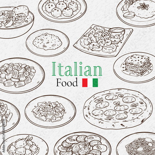 Collection of hand drawn Italian food outline drawing food illustration