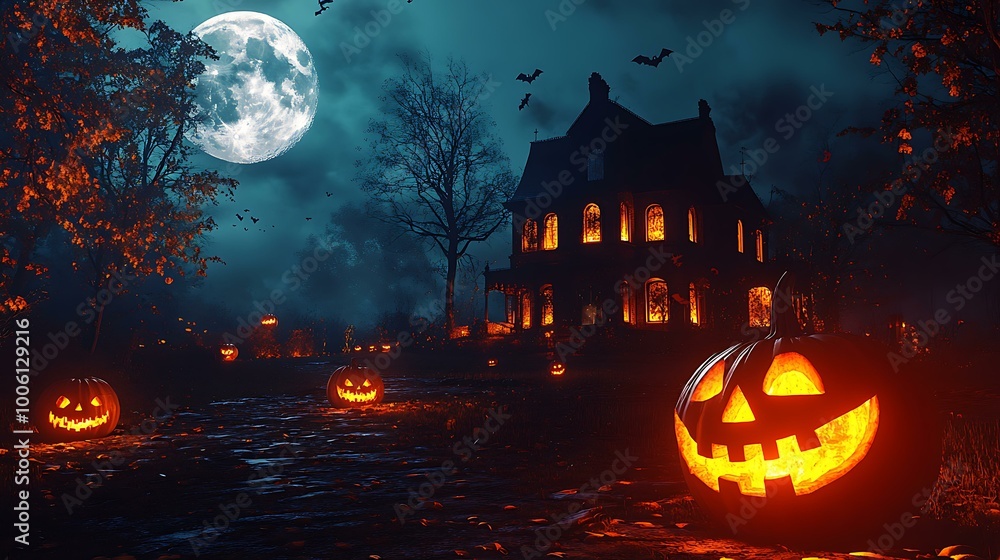 A ghostly Halloween night with eerie trees, glowing jack-o'-lanterns, and a spooky house illuminated by a full moon A ghostly Halloween night with eerie trees, glowing jack-o'-lanterns, and a spooky house illuminated by a full moon