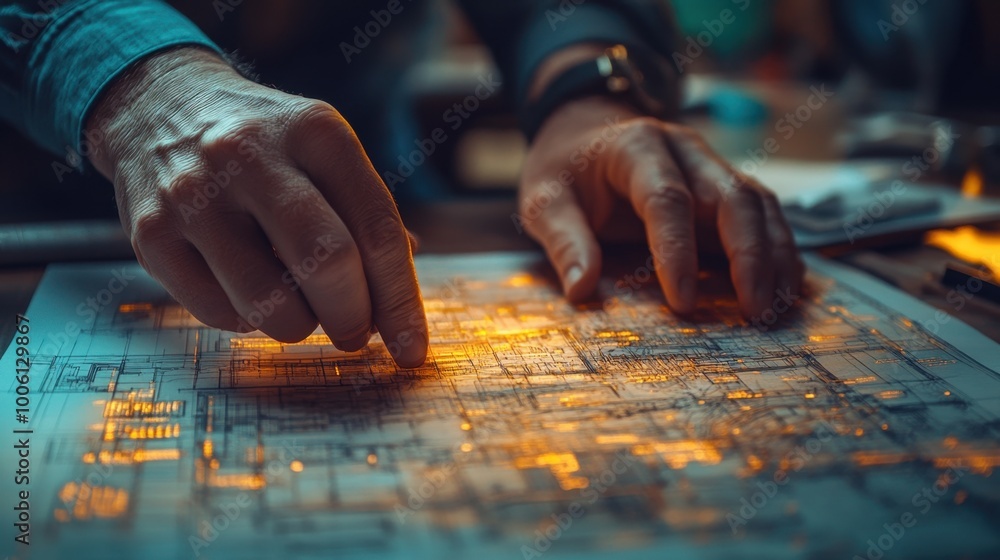 close-up of hands meticulously examining architectural blueprints under warm focused lighting capturing the intricate details and layout of the plans suggesting a late-night work session close-up of hands meticulously examining architectural blueprints under warm focused lighting capturing the intricate details and layout of the plans suggesting a late-night work session