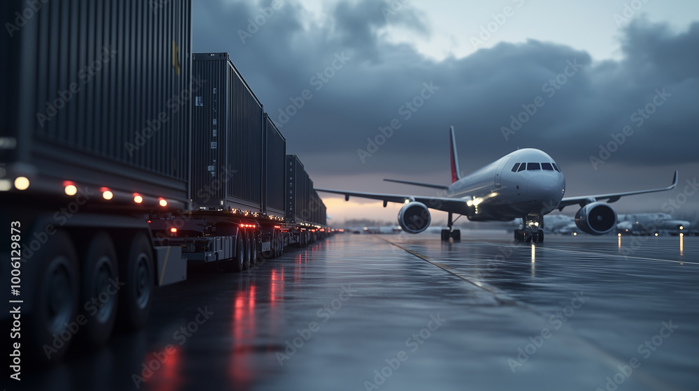 Fototapeta premium A line of logistics containers on the tarmac being pulled by ground vehicles toward a modern air freighter jet, the airplaneâs loading doors open wide against the backdrop of a clo